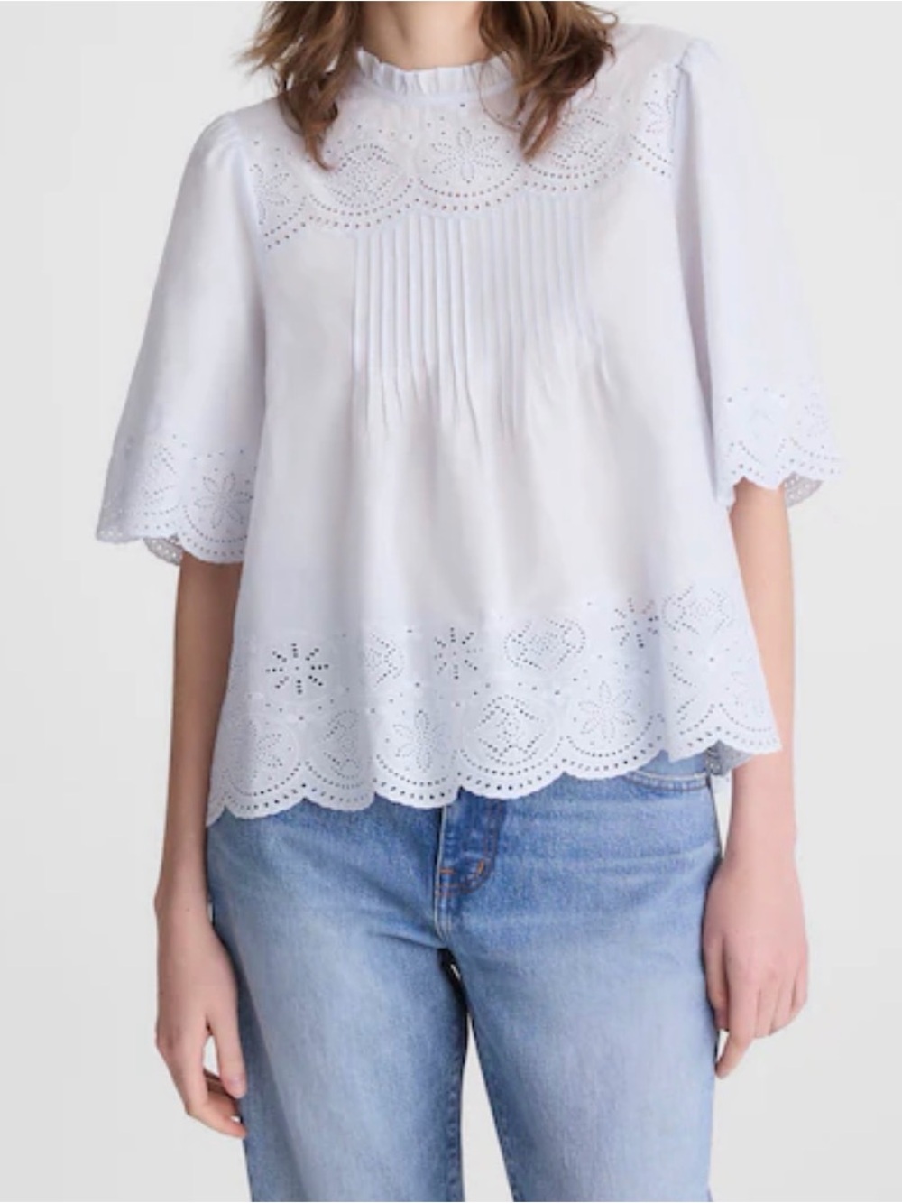 Madewell Embroidered Pintuck High-Neck Cotton Top – Soft Blue